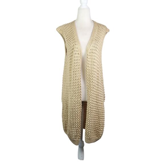 Vintage Sweaters - Vintage Tan Crochet Knit Long Cardigan Sweater Vest Duster Handmade